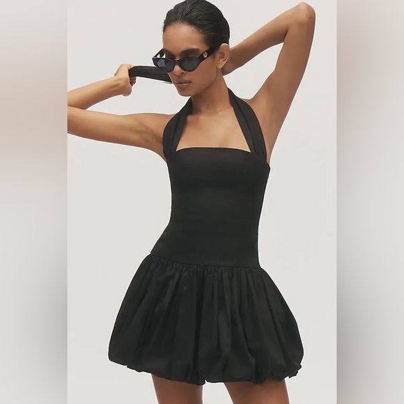 Anthropologie Dresses & Skirts - Delfi Collective Halter Bubble Mini Dress Drop Waist Pleated Little Black LBD